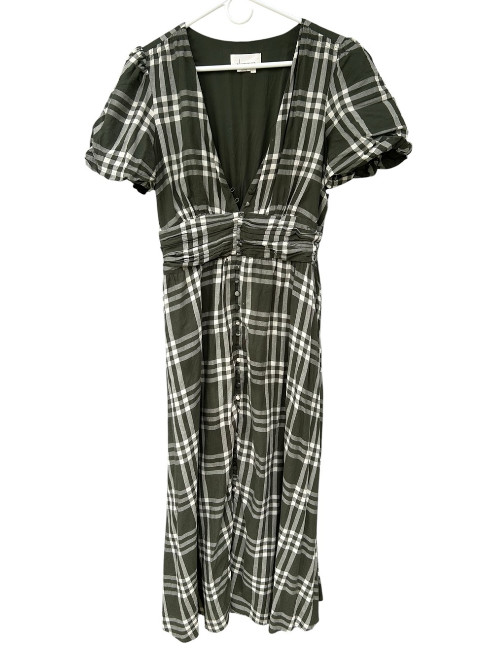 Anthropologie Katerina Button-Front Plaid Puff-Sleeve Midi Dress L - 100% Cotton - Picture 4 of 15
